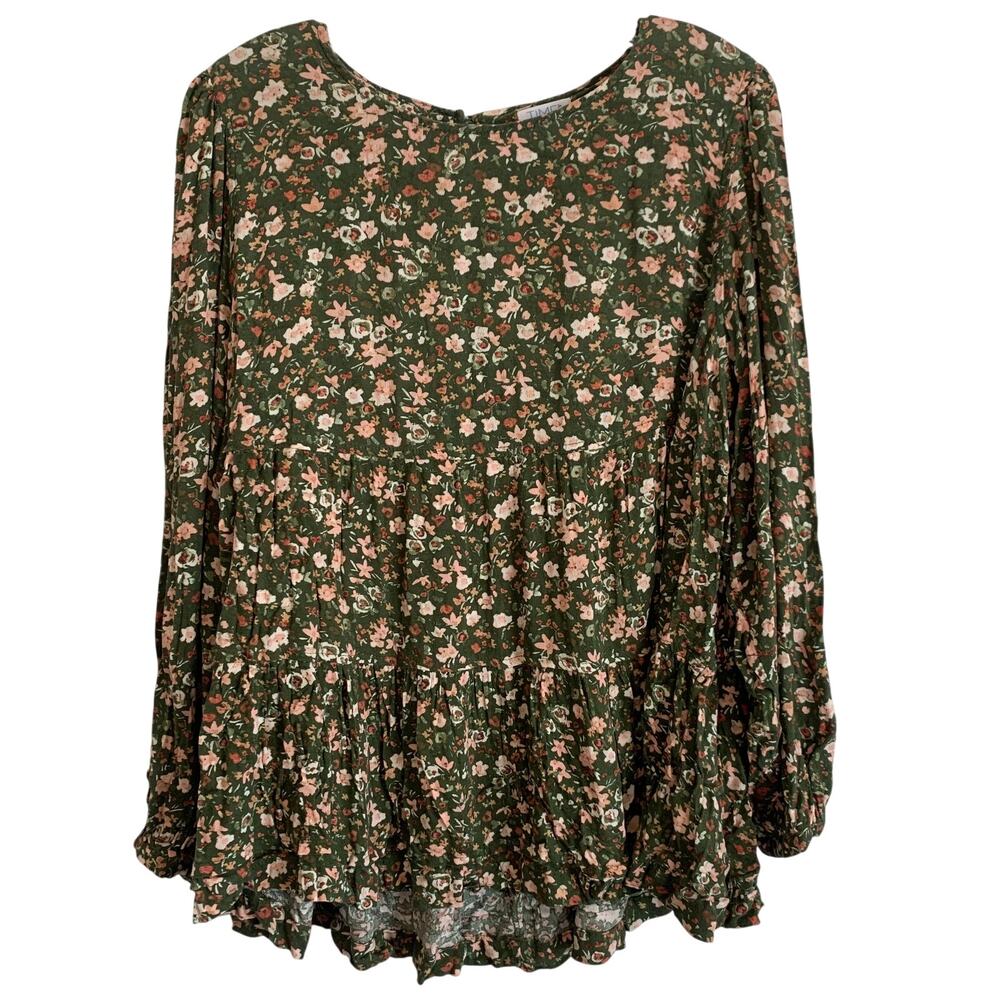 Time & Tru XXL Size 20 Green Pink White Floral Flowy Peasant Blouse Long Sleeve